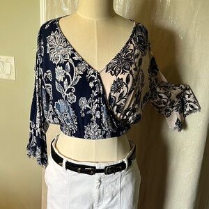 Floral Faux Wrap Cropped Top - Navy and Cream